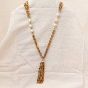Vintage Statement Necklace, Multiple Chains and Faux Pearl, 1970s Style